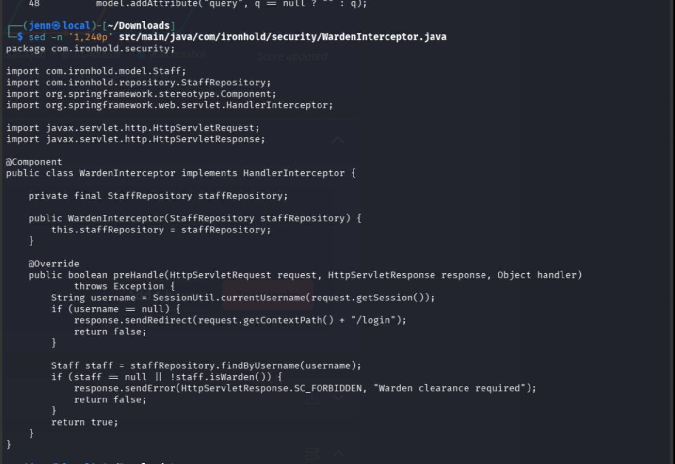 WardenInterceptor.java source showing isWarden() role check on /admin paths